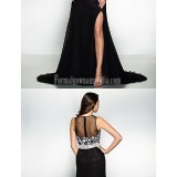 Australia-Formal-Evening-Dress-Black-A-line-Jewel-Court-Train-Chiffon-Lace